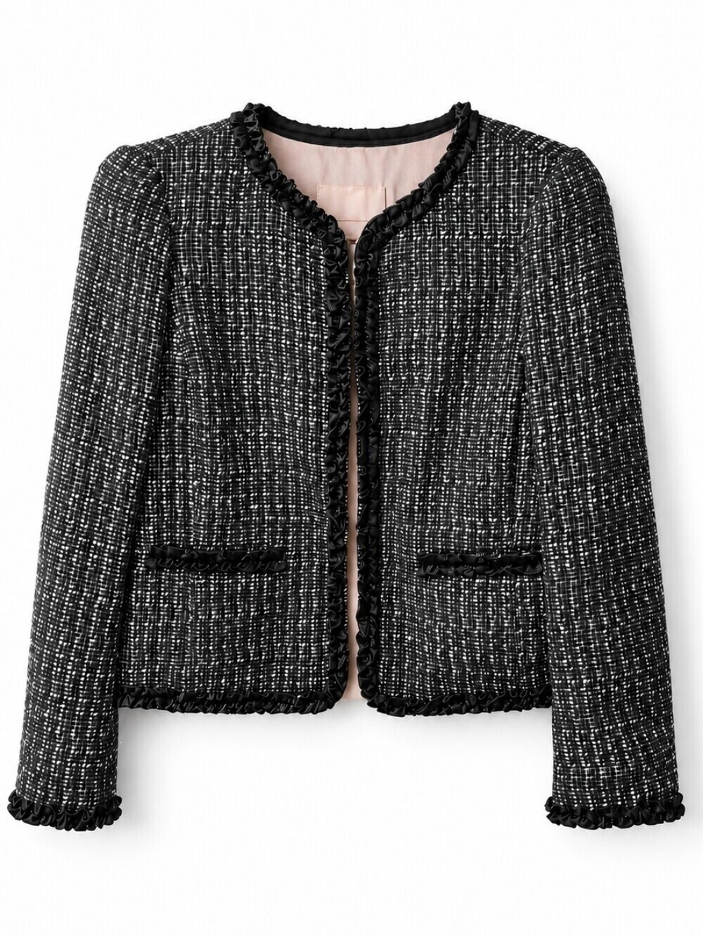 Rebecca Taylor Black Tweed Jacket with Faux Leather Ruffle Trim Women Size 4 NWT